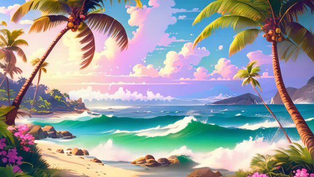 Drawing tropical beach summer background. Generative ai.	
