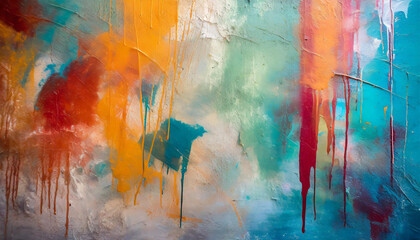 Messy paint strokes and smudges on an old painted wall background. Abstract wall surface with part of graffiti. Colorful drips, flows, streaks of paint and paint sprays - obrazy, fototapety, plakaty