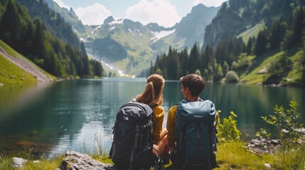 Travelers couple look at the mountain lake with backpacks . Travel and active life concept with team. Adventure and travel in the mountains region with beautiful nature - obrazy, fototapety, plakaty