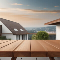 Minimal empty natural wood table top, counter top. Brown tabletop with copy space for product advertising mockup. Terrace, balcony, rooftop space interior