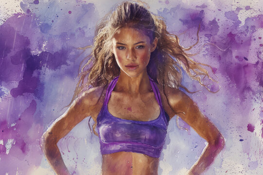 Athletic athlete in action, woman purple watercolour with copy space