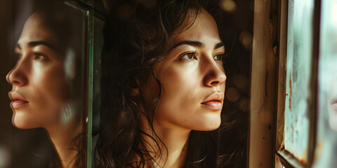 Reflective gaze of a young Hispanic woman looking out a window, her image mirrored, imbued with warmth and contemplation