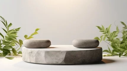 Foto auf Acrylglas Steine im Sand Pyramids of white zen stones with green leaves on white wooden background. Concept of harmony, balance and meditation, spa, massage, relax. Podium for product 
