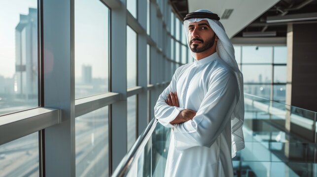 A handsome and confident arab businessman stands in a large glass office looking into the camera . An employee of a large company with his arms crossed and wearing traditional clothes 