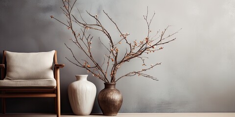 Ceramic vase with dry branches on vintage wooden table. Room with sofa and decorations. Interior design for a cozy flat.