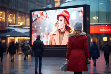 Bustling city square featuring an outdoor advertising display with large LED screens - presenting...