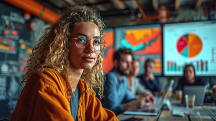 Fototapeta premium Focused team of professionals examining complex data analytics on multiple computer monitors in a modern office.