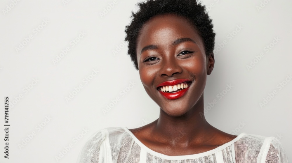 Poster beauty portrait of african american girl with clean healthy skin on white background. smiling dreamy