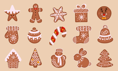 Christmas Gingerbread Cookie. Set of winter homemade biscuits in the form of different characters and holiday items. Vector Illustration for backgrounds and packaging. Isolated on white background.