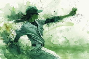 Baseball player in action, woman green watercolour with copy space - obrazy, fototapety, plakaty