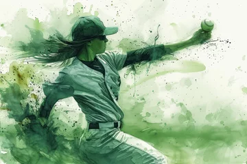 Fotobehang Baseball player in action, woman green watercolour with copy space © Aris