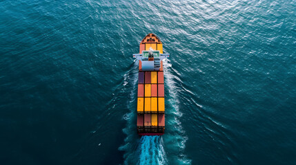 Container ship or cargo shipping over calm blue ocean. Global business logistics import export. Aerial view from drone. - obrazy, fototapety, plakaty