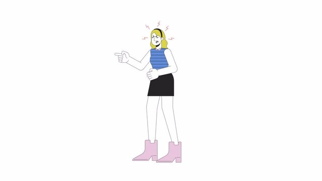 European woman blaming line 2D character animation. Gesture body language, emotional expression flat color cartoon 4K video, alpha channel. Bad mood adult animated person on transparent background