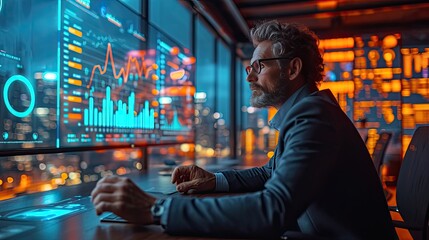 Focused businessman working late, analyzing complex data across multiple computer screens in a modern office.