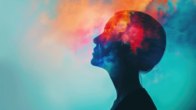 Psychology and woman mental health and weather dependent concept. Multiple exposure clouds and sun on female head silhouette.