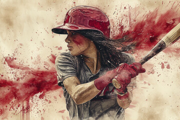 Baseball player in action, woman red watercolour with copy space