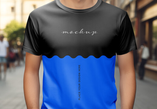 Urban T-Shirt Mockup on Male Model &ndash; Realistic Outdoor Apparel Scene for Streetwear Branding, Clothing Line Promotion, Fashion Presentation, or Print Design Showcase