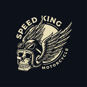 Racer skull in winged helmet. Design element for emblem, poster, t-shirt. Vector illustration