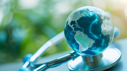 Stethoscope and world globe 3D glass model with focus on global health and wellness. World Health Day concept. Medical instrument beside earth symbolizes worldwide healthcare