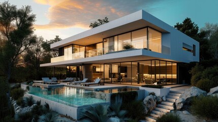 Fototapeta premium Exterior of a large luxury villa with swimming pool and panoramic windows . Modern Dream House with huge driveway and two floors . Property for sale or rent 