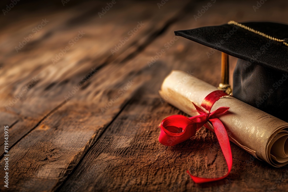 Wall mural A photo of a mortarboard and graduation scroll with a red ribbon, on a pile of old, worn books - Wall murals