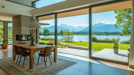 Fototapeta premium Interior and exterior design of luxury pool villa, house, home feature swimming pool, sunbed, blue beach towels and garden landscape