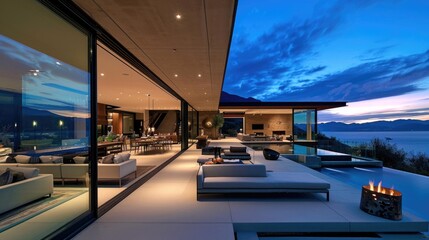 Modern, luxury house with amazing pool, residential district at night.