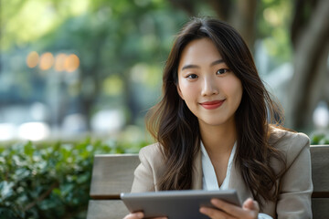 Fototapeta premium Smiling businesswoman using tablet computer sitting