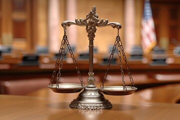 A photo of decorative Scales of Justice, centered on a polished wooden table in a courtroom