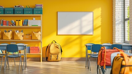 The class of kindergarten for children's education with mock up white board and yellow backpack on...
