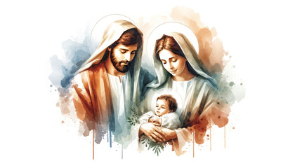 Nativity watercolor scene.: Virgin Mary and Joseph holding baby Jesus Christ.