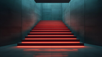 Fototapeta premium stairs leading to a large window inside an office building, in the style of dark red