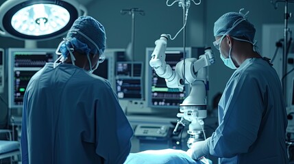 A side view photo in a state-of-the-art operating room, capturing two surgeons observing a robotic surgical procedure - obrazy, fototapety, plakaty