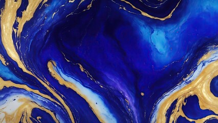 luxury Blue Gold and Purple abstract fluid art painting in alcohol ink technique
