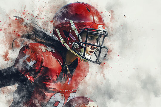 American football player in action, woman red watercolour with copy space
