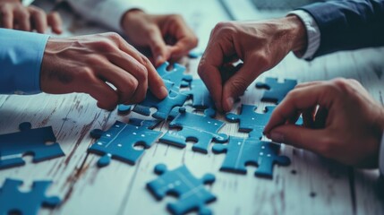 Professional  group of business people assembling jigsaw puzzle. The concept of cooperation, teamwork, help and support in business. - obrazy, fototapety, plakaty