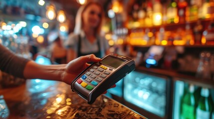 Customer using credit card for payment to owner at cafe restaurant, cashless technology and credit card payment concept