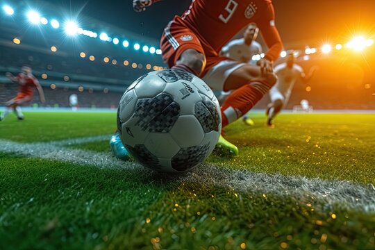 A tight shot of a football duel between two players, one attempting a slide tackle, on a lush green pitch