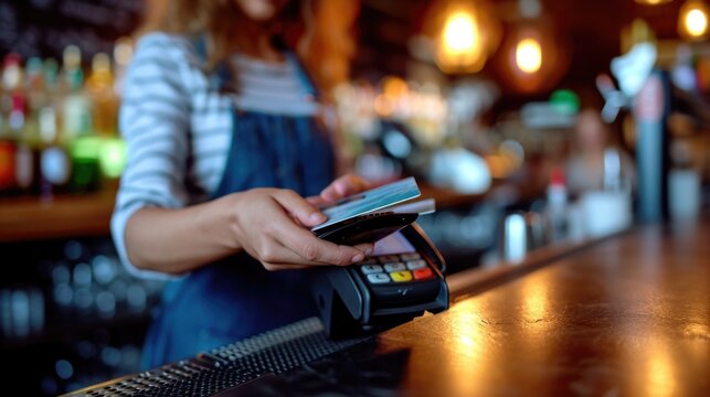 Caucasian Woman Using Mobile Banking Application On Smartphone Scan QR Code Making Online Payment While Hangout Party At Restaurant Bar. Electronic Banking And Contactless Payment Technology Concept.