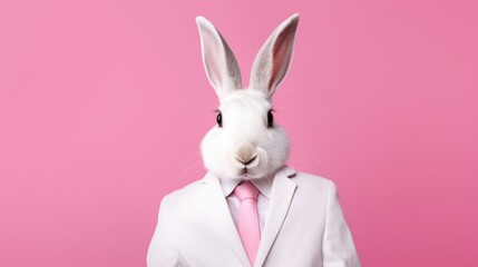 Rosy Rabbit Chic: A stylish white bunny sporting a pink jacket, poised on a clean, pastel background