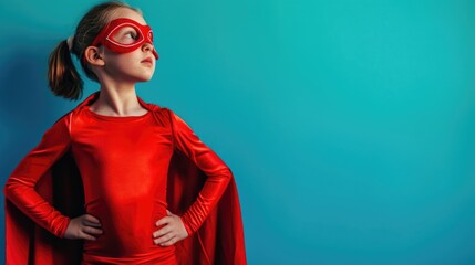 Girl wearing red costume , cape and eye mask standing with her hands on hips on blue studio background . Super girl looking away on blue background.