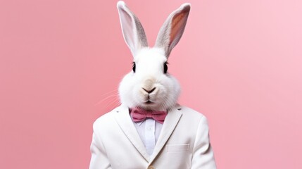 Enchanting Bunny Elegance: A white rabbit dons a rosy jacket, poised gracefully against a pristine backdrop.