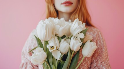 Cheerful young european female with bouquet of tulips, enjoy lifestyle, rejoice spring holiday, celebrate birthday. Spring flowers for beautiful woman in special day .