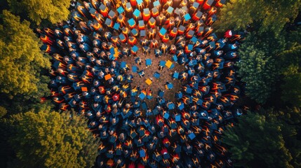 A photo capturing a high-angle view of multiple graduation caps mid-air, with an impressive modern university