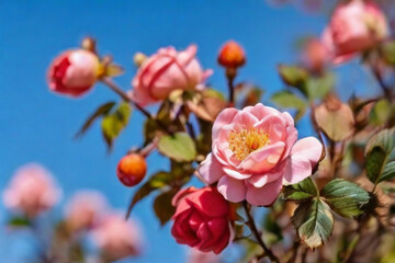 Beautiful spring border, blooming rose bush on a blue background. Flowering rose hips against the blue sky. Soft selective focus