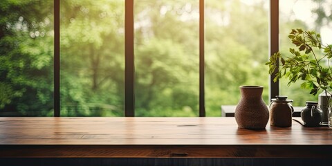 Blurry home interior with window overlooking empty table