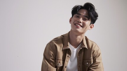 Fototapeta premium Smiling young asian teenage man wearing white shirt and jeans shirt on white background