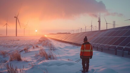 Man construction worker walks through a sunny field with solar panels covered in snow. A lone figure walks towards the horizon amid a snowy landscape, flanked by solar panels and wind turbines at dawn