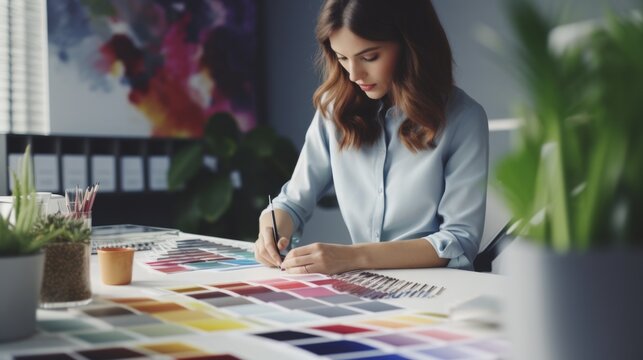 Young woman designer choosing interior design color from swatch palette, pink tones for new interior.