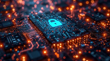 Abstract digital interface featuring a secure padlock symbol amidst glowing network lines and nodes.